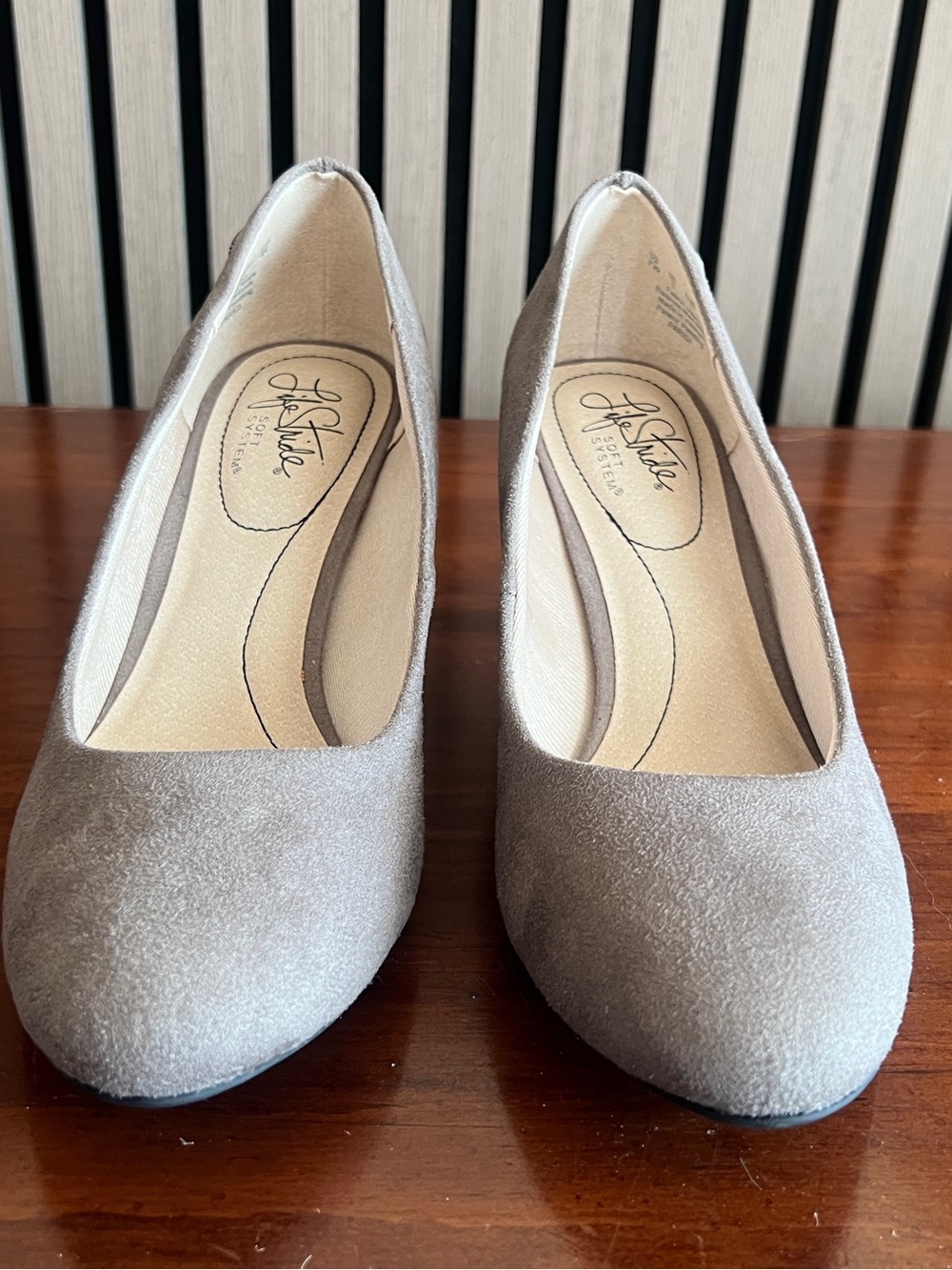 Life Stride Taupe Suede Round-Toe Heels